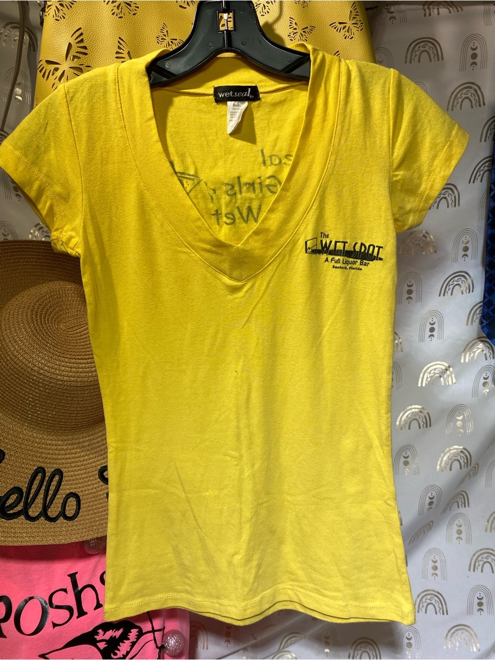 Wet Seal Bright Yellow V-Neck Tee with Small Chest Logo